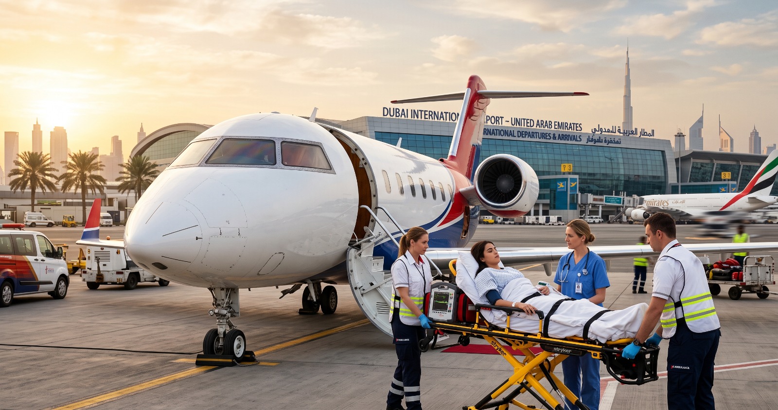 Air Medical 24X7 medical team transferring a patient to an ICU air ambulance at Dubai International Airport