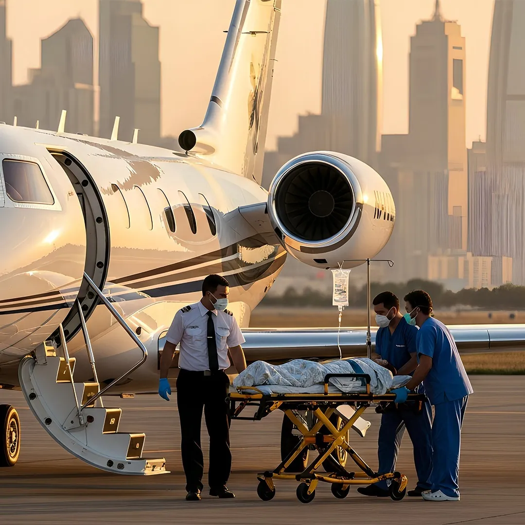 ICU equipped air ambulance aircraft with doctors onboard for emergency medical evacuation
