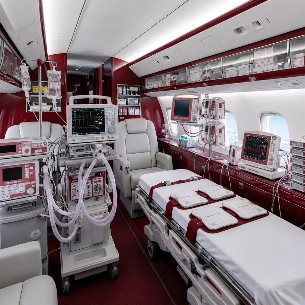 ECMO equipped air ambulance providing critical cardiac and respiratory life support during patient transfer
